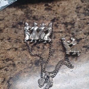 Vintage Silver Tone Dancing Couple Chatelaine Brooch Set 1940s Era